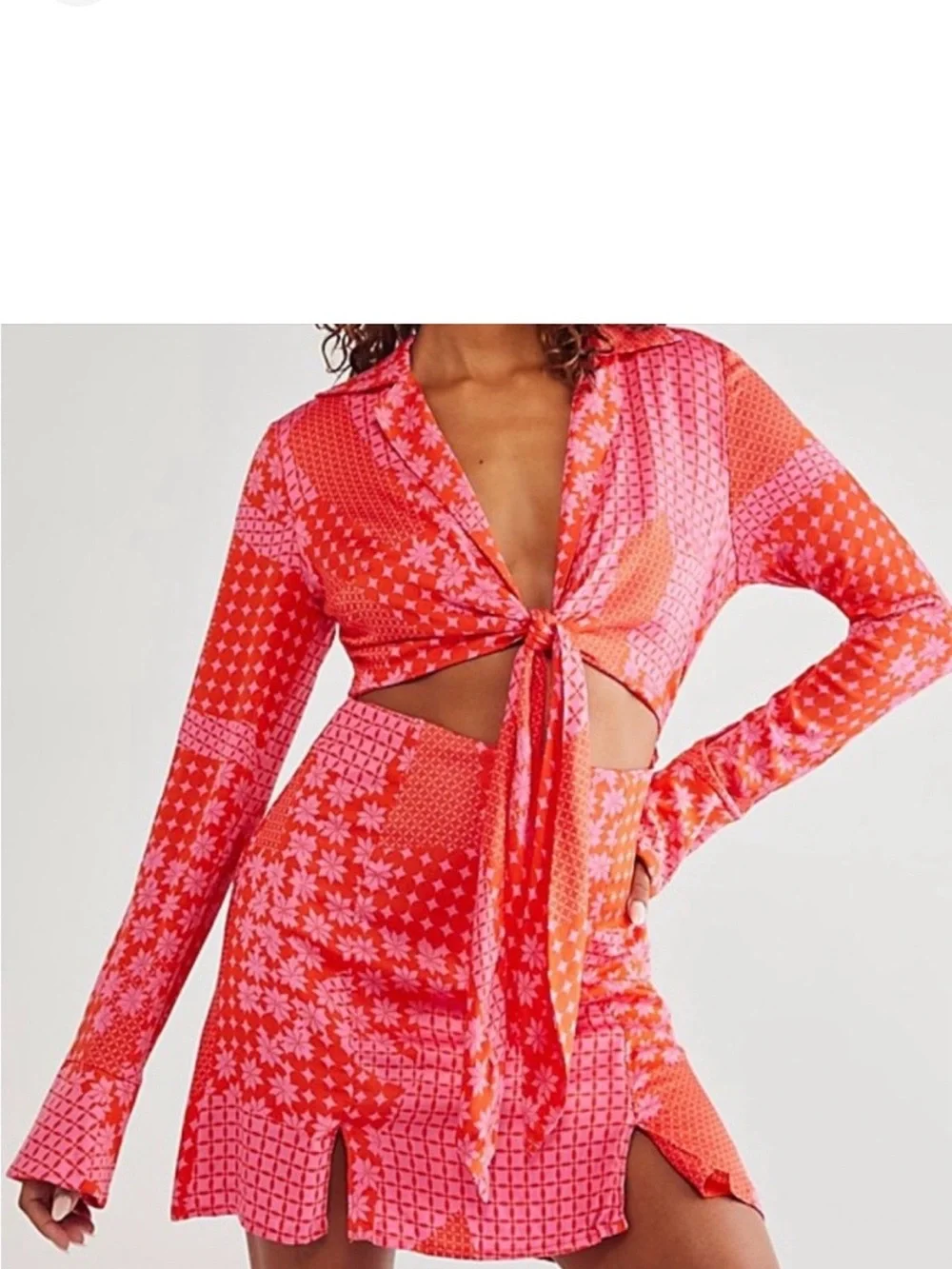 Free People Miki Mini Dress Rose Combo Pink/Orange Cutout Tie Front/Medium